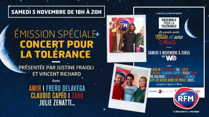 Samedi 5 novembre, à 18h : Emission spéciale Concert pour la Tolérance